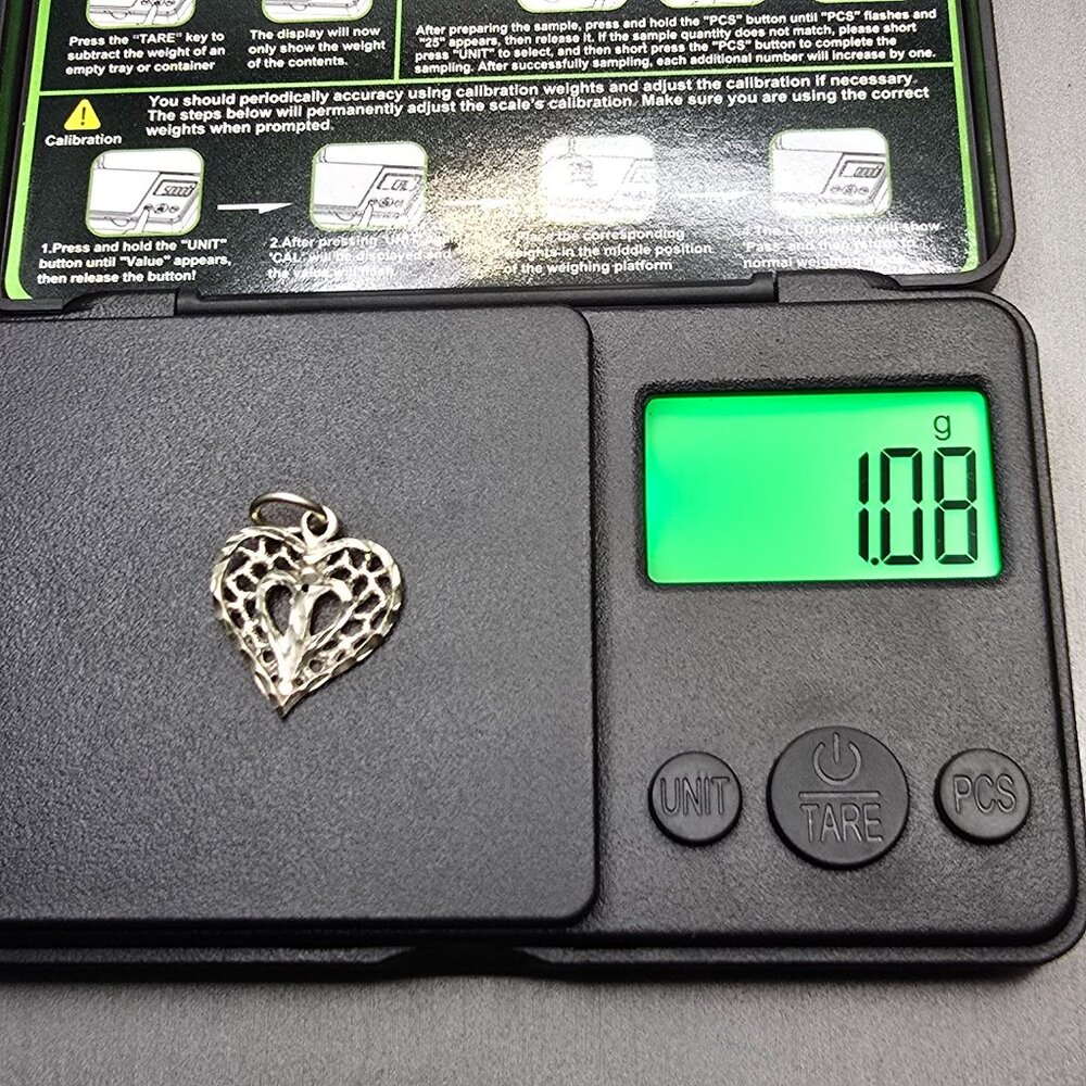 VTG Sterling Silver Filigree Heart Pendant .75" Diamond Cut Signed Bee Mark - Picture 5 of 5